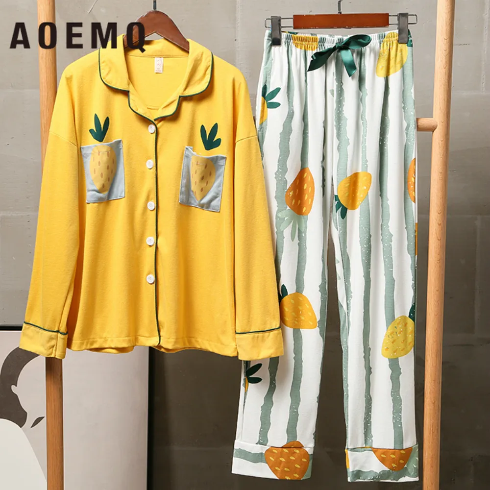 

AOEMQ Fashion Pajamas Sets Friut Pineapple Pattern Sleepwear Relax Couple Lovers Pajamas Pants Sets for Spring Women Clothing