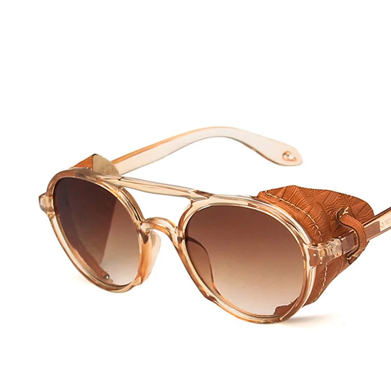 Классические брендовые дизайнерские модные круглые стимпанк Солнцезащитные очки для мужчин и женщин винтажные Панк кожаные солнцезащитные очки для мужчин ретро очки - Цвет линз: Brown Brown