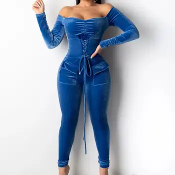 

Sexy Off The Shoulder Skinny Velvet Jumpsuit Womens Long Sleeve Bandage Romper Lace Up Solid Party Club Overalls
