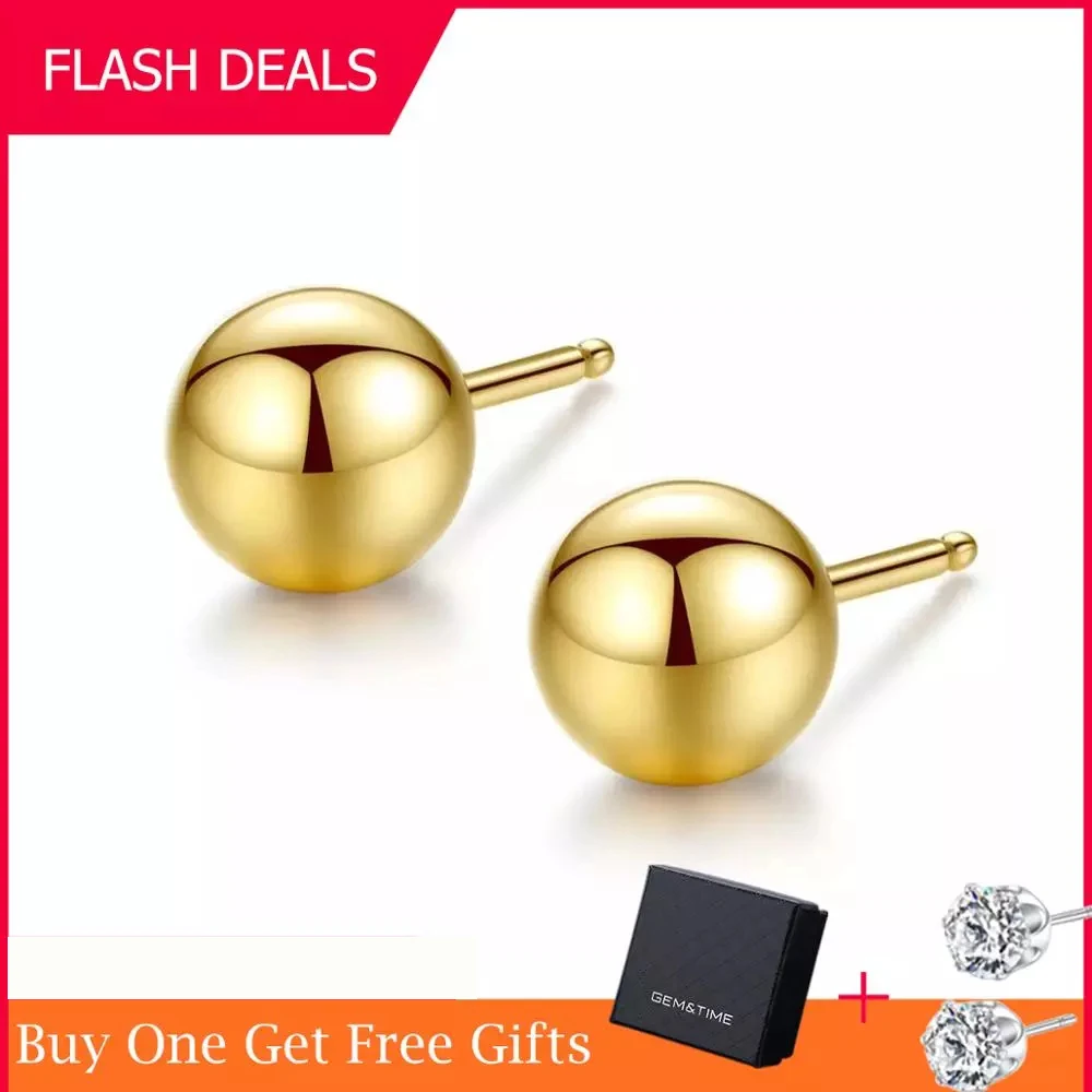 Gem&Time Genuine 18K Gold Solid Bead Ball Stud Earrings For Women Minimalism Yellow Gold Earrings Statement Jewelry Pendientes|Stud Earrings| -…