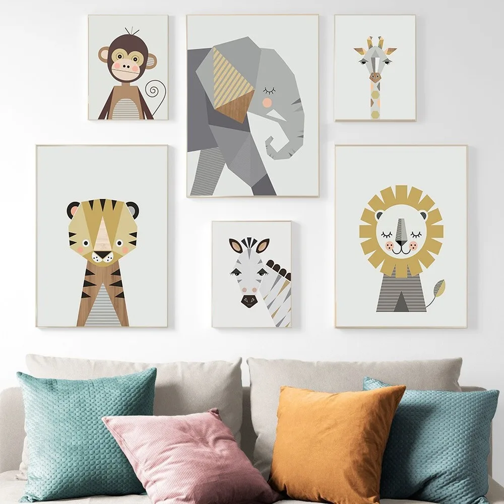 Cartoon-Geometric-Animal-Canvas-Painting-Cute-Elephant-Lion-Tiger-Posters-Simple-Home-Children-s-Room-Kindergarten