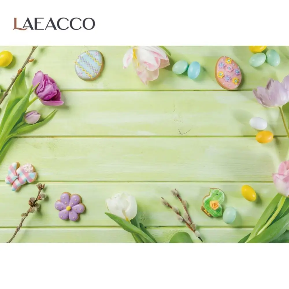 

Laeacco Green Wood Backgrounds For Photography Easter Eggs Flowers Cookie Planks Party For Digital Photo Studio Photo Backdrops