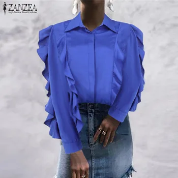 

2020 ZANZEA Elegant Women OL Blouse Spring Long Sleeve Ruffles Tops Female Stylish Lapel Neck BlusasTunic Chemise Plus Size