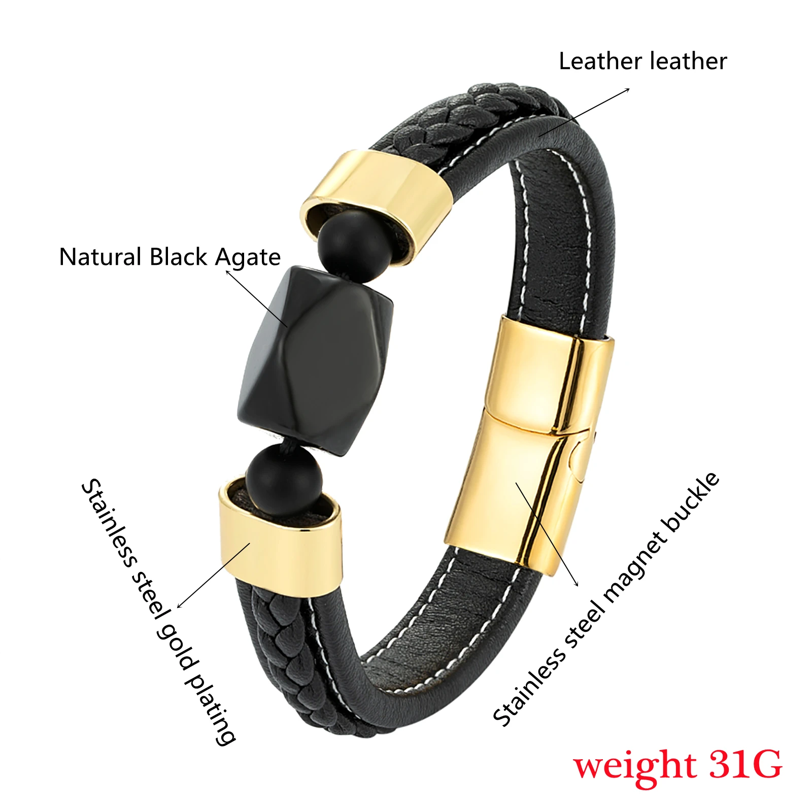 Elegant Fashion Diamond Natural Black Agate Men's Bracelet 316L Stainless Steel Leather Cord Jewelry Charm Bracelet - Image 5