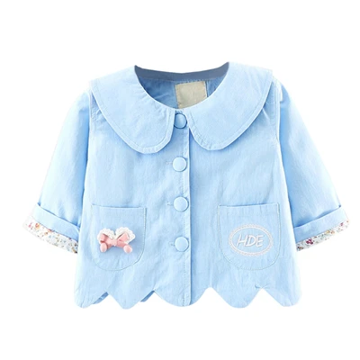 Light Blue Пальто с ушками для маленьких девочек, жакет с длинным рукавом и вышитым буквенным бантом и воротником «Питер Пэн», топы с волнистыми краями, верхняя одежда для детей 6-24 месяцев, A20 - Цвет: Light Blue