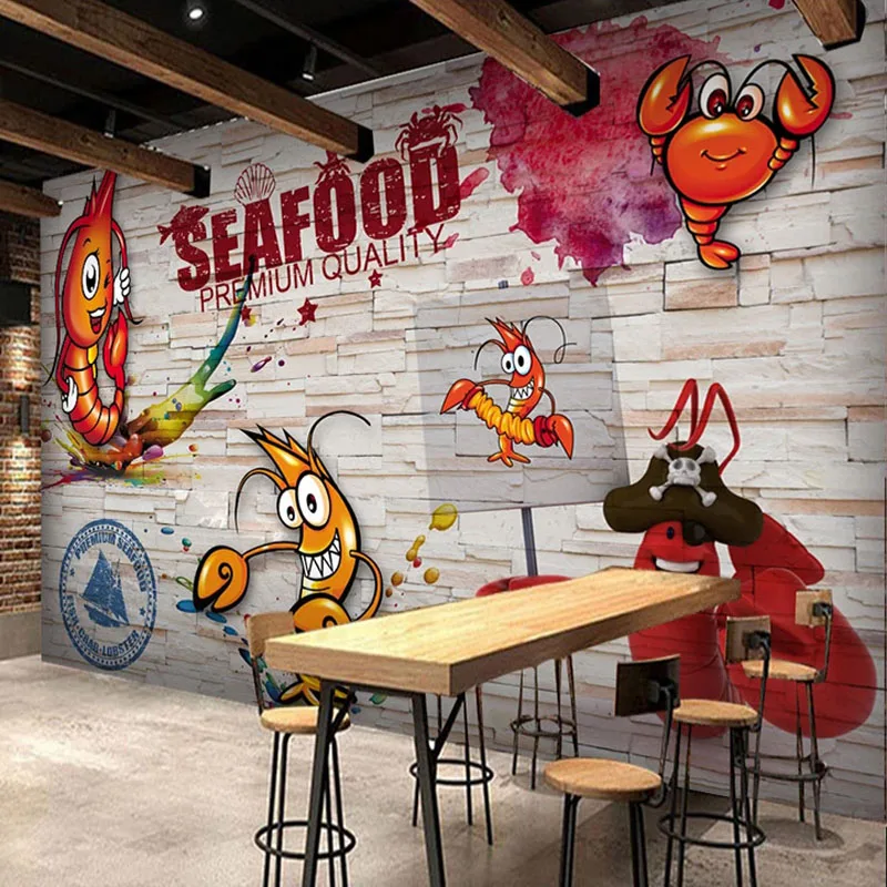 

PVC Self-Adhesive Wallpaper 3D Brick Wall Wooden Board Murals Spicy Crayfish Seafood Restaurant Background Wall Decor 3D Sticker