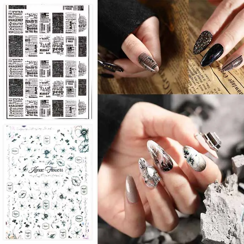 Новое поступление, 3D наклейки для ногтей, наклейки с черными буквами и зелеными цветами, клейкие наклейки для дизайна ногтей, татуировки, украшения Z0258