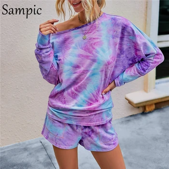 

Sampic Lounge Wear Tie Dye Gradient Kit Two Piece Sets Summer Suit Loose Shorts And Long Sleeve Shirt Top Set Woman Outfits