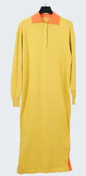 

Women's Thin Knit Midi Dress Turn-down Collar Long Sleeve Contrast Color Hem Split Buttons Mid-Calf Dress with Belt 2020 Spring
