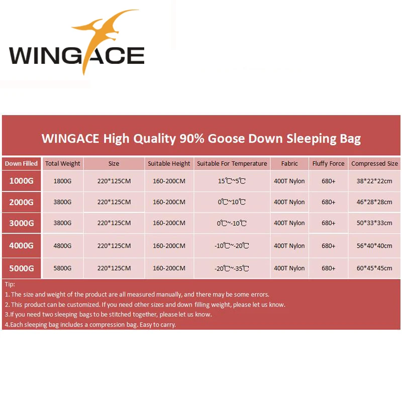 WINGACE заполнить 1000 г 2000 3000 г 4000 г гусиный пух пара двойной спальный мешок для кемпинга на открытом воздухе конверт мода для взрослых; зимние спальные мешки