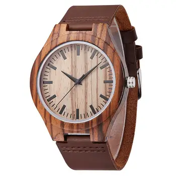 

Fashion Men Wood Round Dial No Number Faux Leather Band Analog Quartz Watch