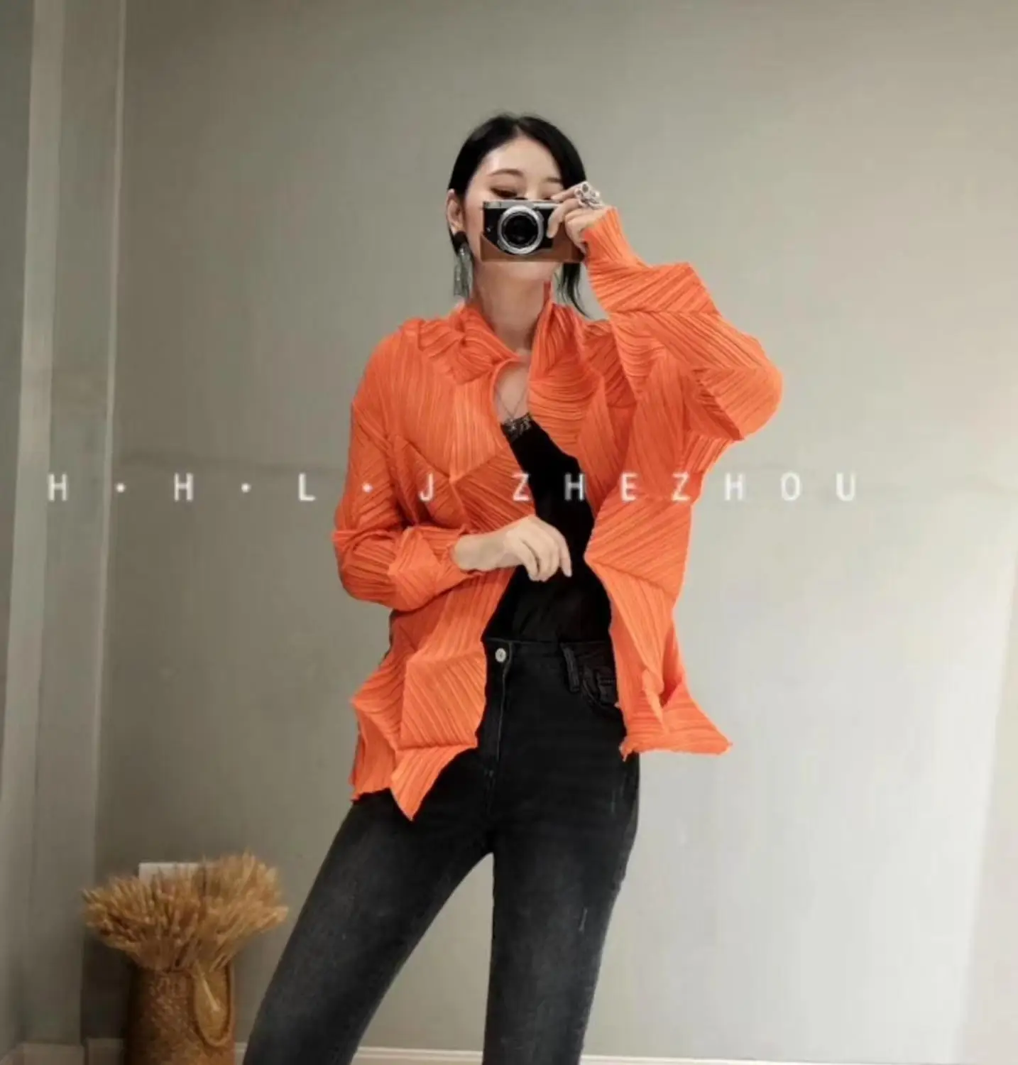 Оранжевый Горячая Распродажа, Miyake, пальто с длинным рукавом, модное черное пальто со складками, воротник со стразами - Цвет: Оранжевый