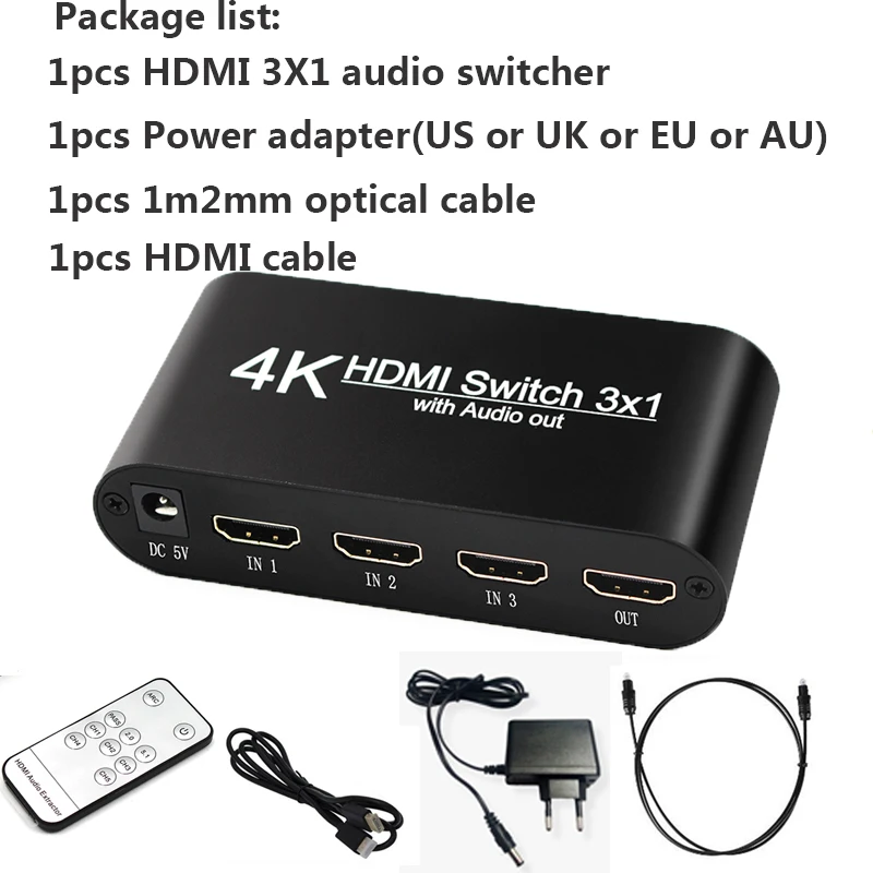 HDMI переключатель с 3 портами на hdmi/toslink/3 5 мм 4K * 2K сплиттер поддержкой порта 2CH PCM 5.1CH