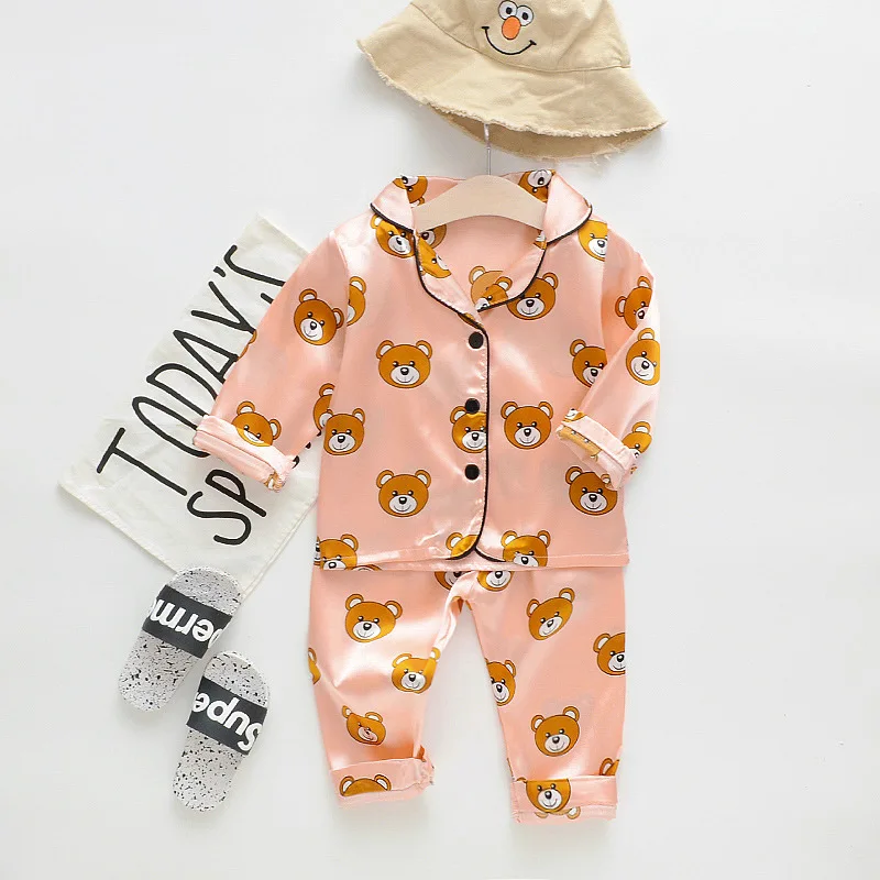 Fashion boutique little bear kids summer fall pajamas ice silk baby girl boys set - Цвет: Слоновая кость