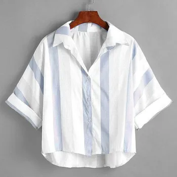 

Women Cotton Linen Striped Short Sleeve Turn-down Collar Blouse Top chemisier femme nouvelle collection linen blouse white shirt
