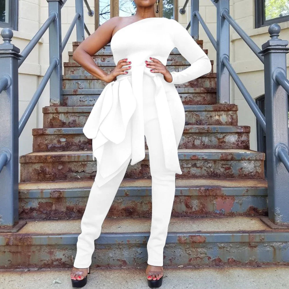 Сексуальный женский комбинезон на одно плечо Осенний однотонный белый лоскутный