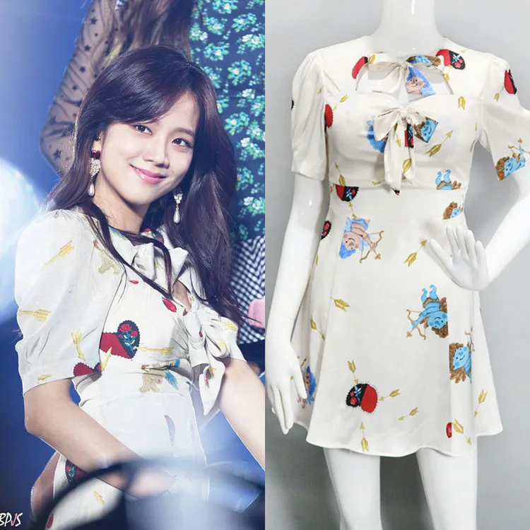 

kpop Blackpink JISOO same summer streetwear Sweet white dress women korean kawaii short sleeve bow-Knot dresses female clothes