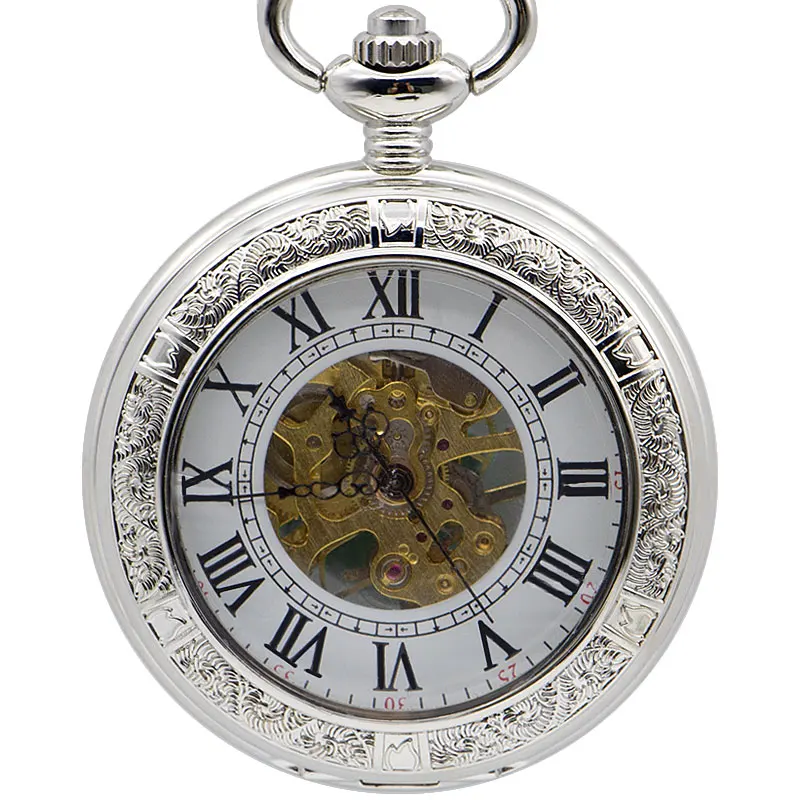 

5pcs Antique Skeleton Hand Wind Mechanical Pocket Watch Transparent Windup Clock Roman Numerals FOB Watch Best Gifts with Chain