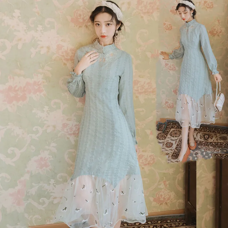 

20 Autumn Socialite Temperament Small Xiangfeng Improvement Cheongsam Dress Slim Fit Waist Splicing Super Fairy Backing Long