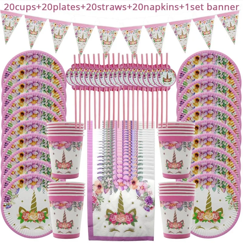 

81 pcs Unicorn Party Disposable Tableware Set Unicorn Birthday Party Decorations Plate Napkin Cups Tableware Supply Baby Shower