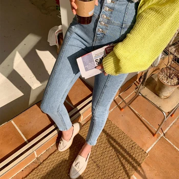 

Streetwear Single-breasted Skinny Women Jeans Pants Stretchable Patchwork Female Jeans 2020 Summer Women Denim Trousers