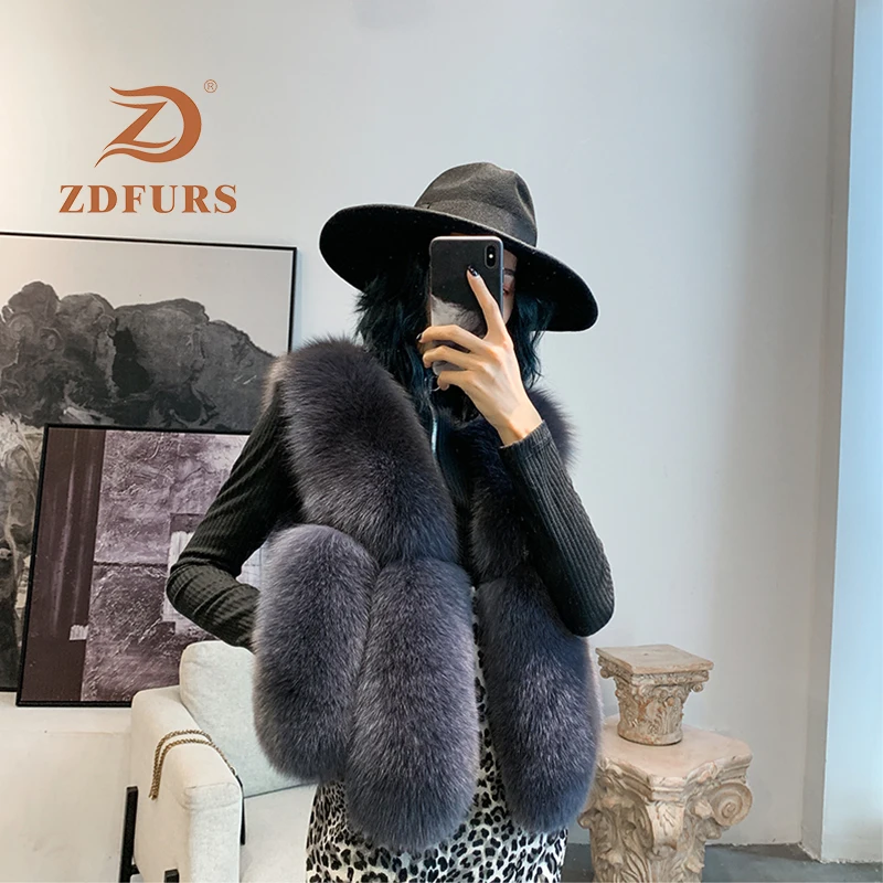 ZDFURS* Natural Real Fox Fur Vest 50 cm Winter Short Thick Women Fur Vest Sleeveles Jacket Pockets Real Fur Vest Coats Slim Park