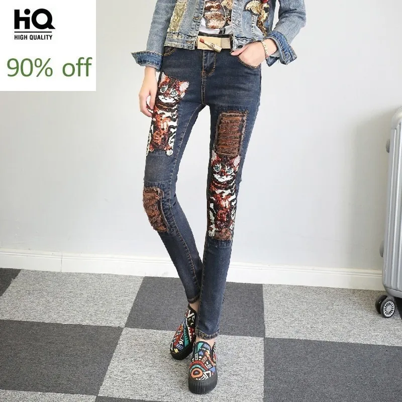 

2020 Tide Slacks Personalized Slim Fit Cat Pattern Sequins Embrellished Womens Pencil Pants Hole Ripped Vintage Autumn Trousers