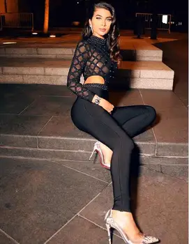 

High Quality Black Long Sleeve Beading Hollow Out Rayon Bandage Jumpsuit Cocktail Party Bodycon Jumpsuit