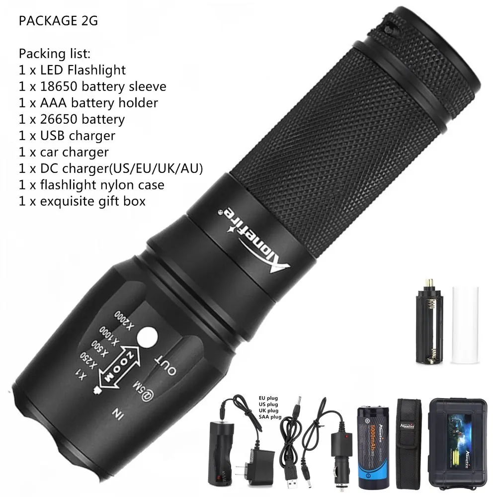 X800 flashlight 2G AloneFire X800 CREE XM-L T6 L2 светодиодный фонарь с зумом, фонарь для работы, походный прожектор, AAA 18650 26650, перезаряжаемый аккумулятор - Испускаемый цвет: X800 flashlight 2G