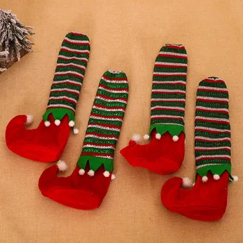 

1 Set 4Pcs Christmas Decoration Striped Elf Table Foot Cover Chair Foot Cover