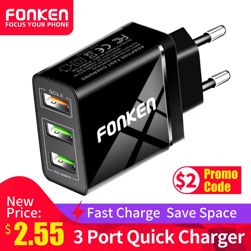 

FONKEN USB Charger Quick Charge 3.0 Fast Charger 3 Port QC3.0 QC2.0 Dash Charging for Phone Mobile Tablet Multi Wall Adapter