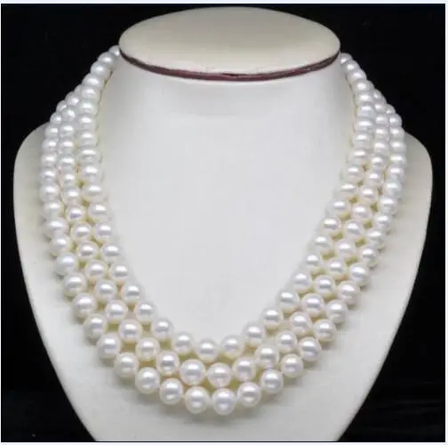 

Triple Strands AAA 10-11MM freshwater NATURAL WHITE PEARL NECKLACE 18" 925silver GOLD