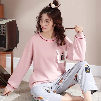 

Cartoons Pijamas Women Pajama Set Full Pure Cotton Home Suit O-Neck Pyjama Woman Femme Sleepwear Big Yards Casual Tracksuit