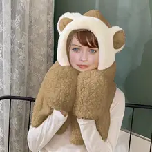 Зимние наушники, шапки, перчатки, 3 в 1, женский теплый плюшевый шарф с капюшоном, шарф с ушками, снуд, карман, запонки, антируморы, кэш, ореиль#2O15