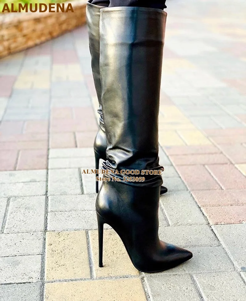 ALMUDENA замшевые сапоги до колена бордового цвета модельные сапоги на высоком тонком каблуке с острым носком высокие сапоги осень-зима уличная женская обувь, размер E46 - Цвет: as picture
