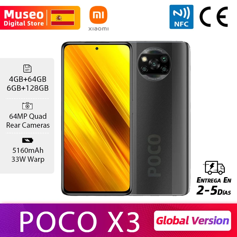 Xiaomi POCO X3, Versión global, 6GB RAM 64GB ROM, Snapdragon 732G, NFC teléfono móvil, 6.67 FHD Pantalla de puntos, 64MP AI Cámaras cuádruples, 5160mAh Batería 33W