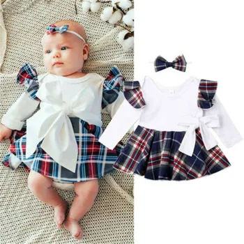 

Newborn Christmas Dresses 2020 New Long Sleeve Plaid Patchwork Xmas Dresses For Girls Hairbands Set Girls Clothes Newborn Outfit