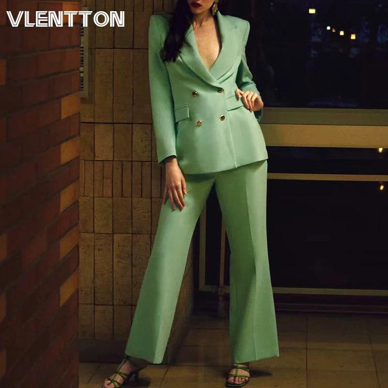 

2020 Spring Work 2 Piece Set Women Double Breasted Blazer Jacket Coat+Zipper Flares Pants Suit Office Lady Trousers Tops Female