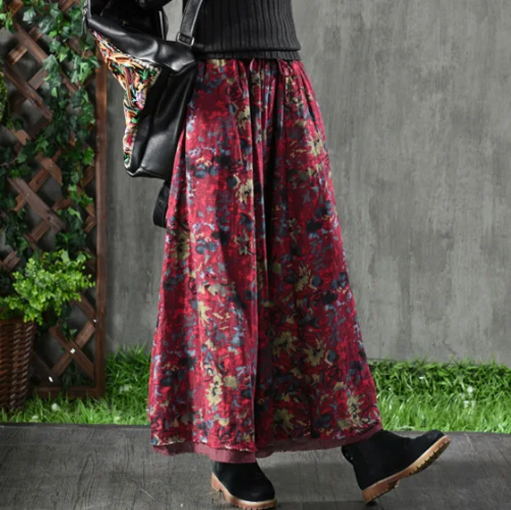 Осенне-зимняя юбка в стиле ретро, Женская свободная повседневная юбка с цветочным принтом и эластичным карманом на талии, Смешанная юбка с принтом