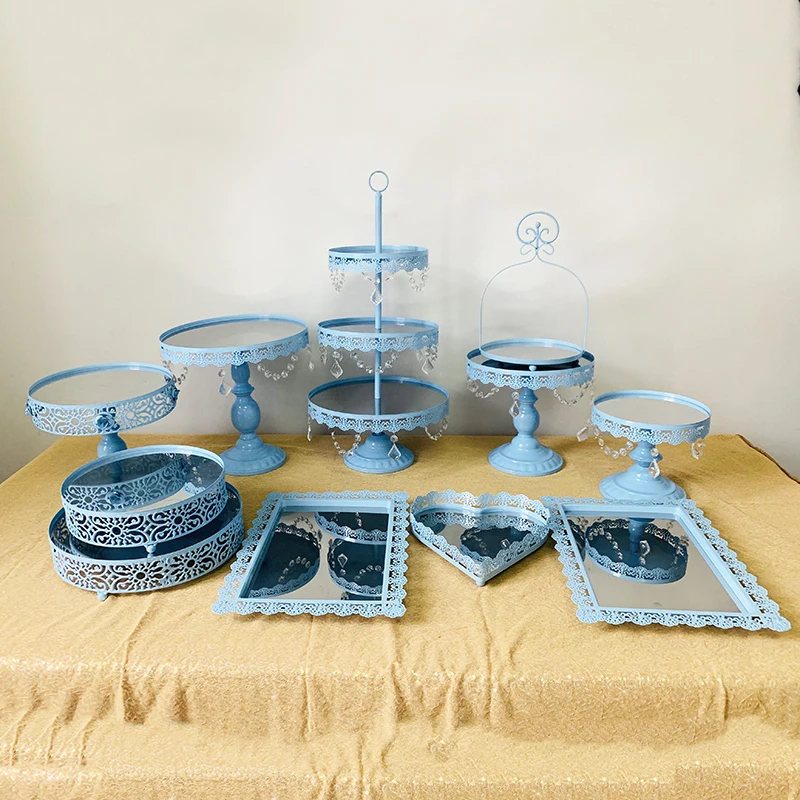 11pcs in set Синие кристаллы торт стенд башня из кексов стенд Свадебные тарелки набор металлические круглые вечерние ДЕСЕРТ ДИСПЛЕЙ с кристаллами бусины - Цвет: 11pcs in set