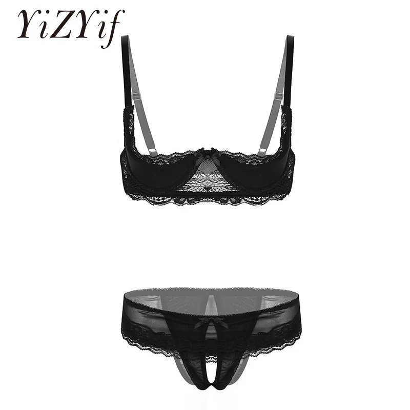 

Sexy Women Lace Lingerie Set 1/4 Cup Unlined Shelf Bra with Low Rise Crotchless Briefs Underwear see through sheer lingerie set