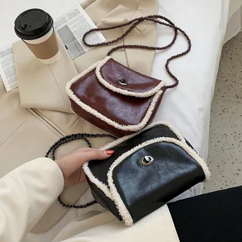 

2020 New Winter Small Shoulder Bag For Women Soft Splicing Fleece PU Leather Totes Bags Female Chain Bag Envelope Messenger Bags