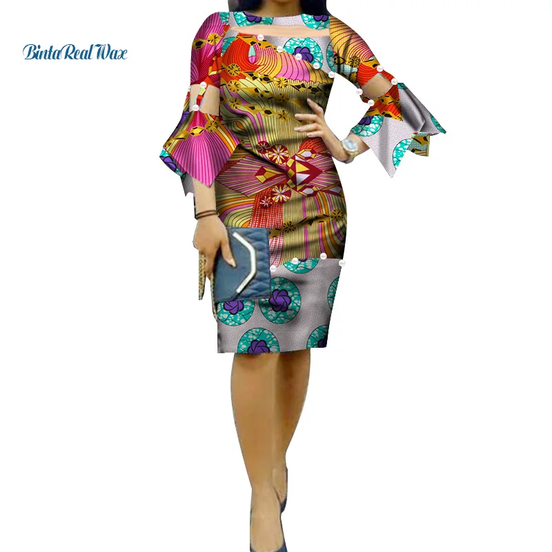 Летние африканские платья с принтом для женщин, из пряжи, с жемчугом, в стиле пэчворк, с расклешенными рукавами, вечерние платья Bazin Riche, африканская женская одежда WY076