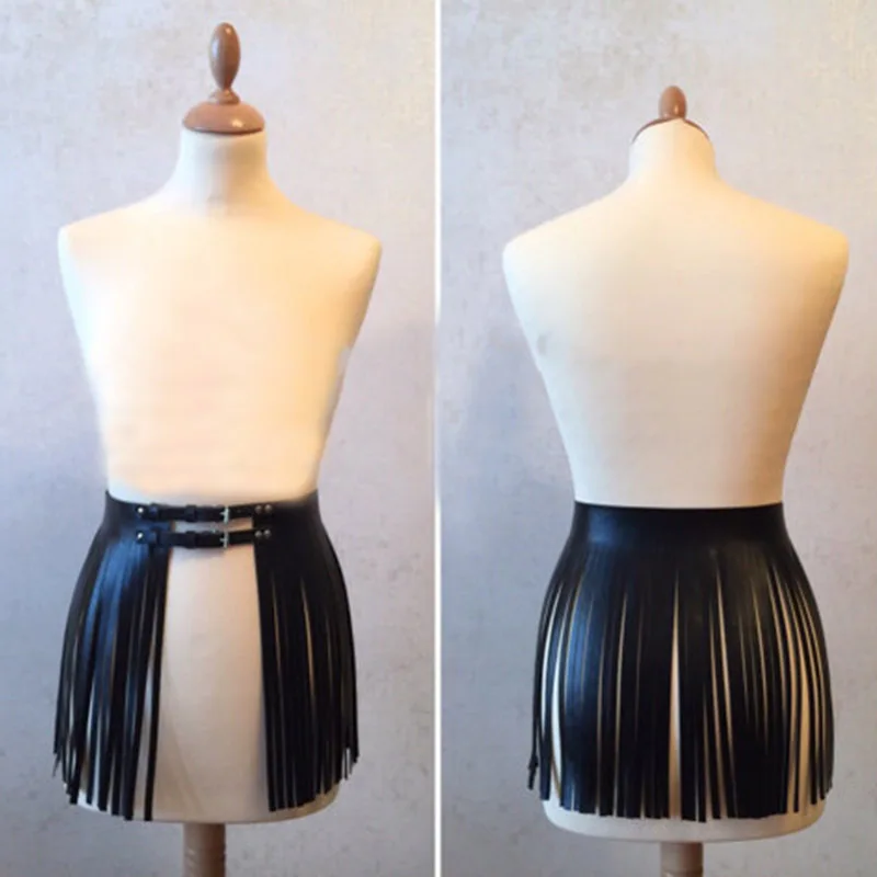 Saias de Couro do Plutônio Saia para Feminino Moda Boho Sexy Feminina Cinto Longo Borla Saia Clube Festa Magro Franja Preto Decora 8 Pijamas e Moda Íntima