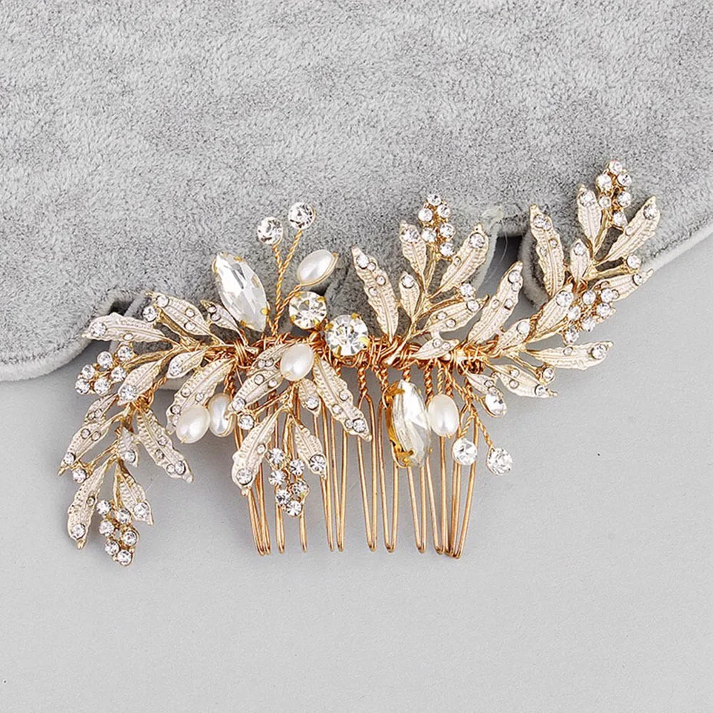 Women Gold Leaf Rhinestones Crystal Hair Comb Bridal Hair Jewelry Weddding Prom Brida Accessories