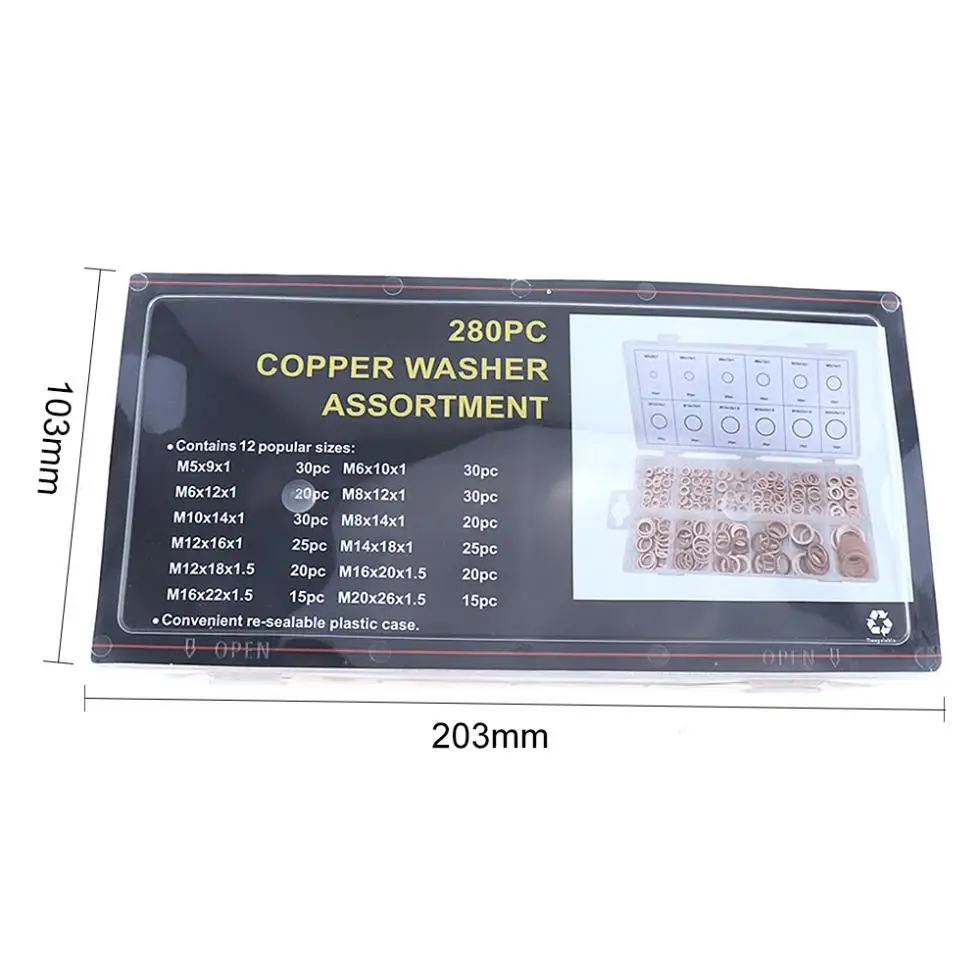 280pcs Mechanical Sealed Copper Washers Set with 12 Sizes and O-type for Sump Plugs /Hydraulic Fittings