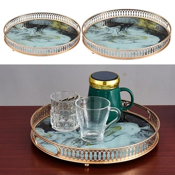 

Round Gold Antique Tray W/ Mirror Tray Home Kitchen Serving Tray Jewelry Display