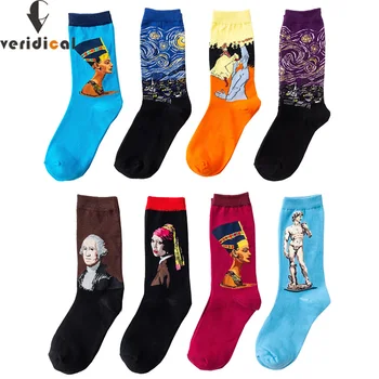 

VERIDICAL Combed Cotton Men Socks Colorful Van Gogh Retro Oil Painting cool casual 5 pairs Dress Funny party dress crew Socks