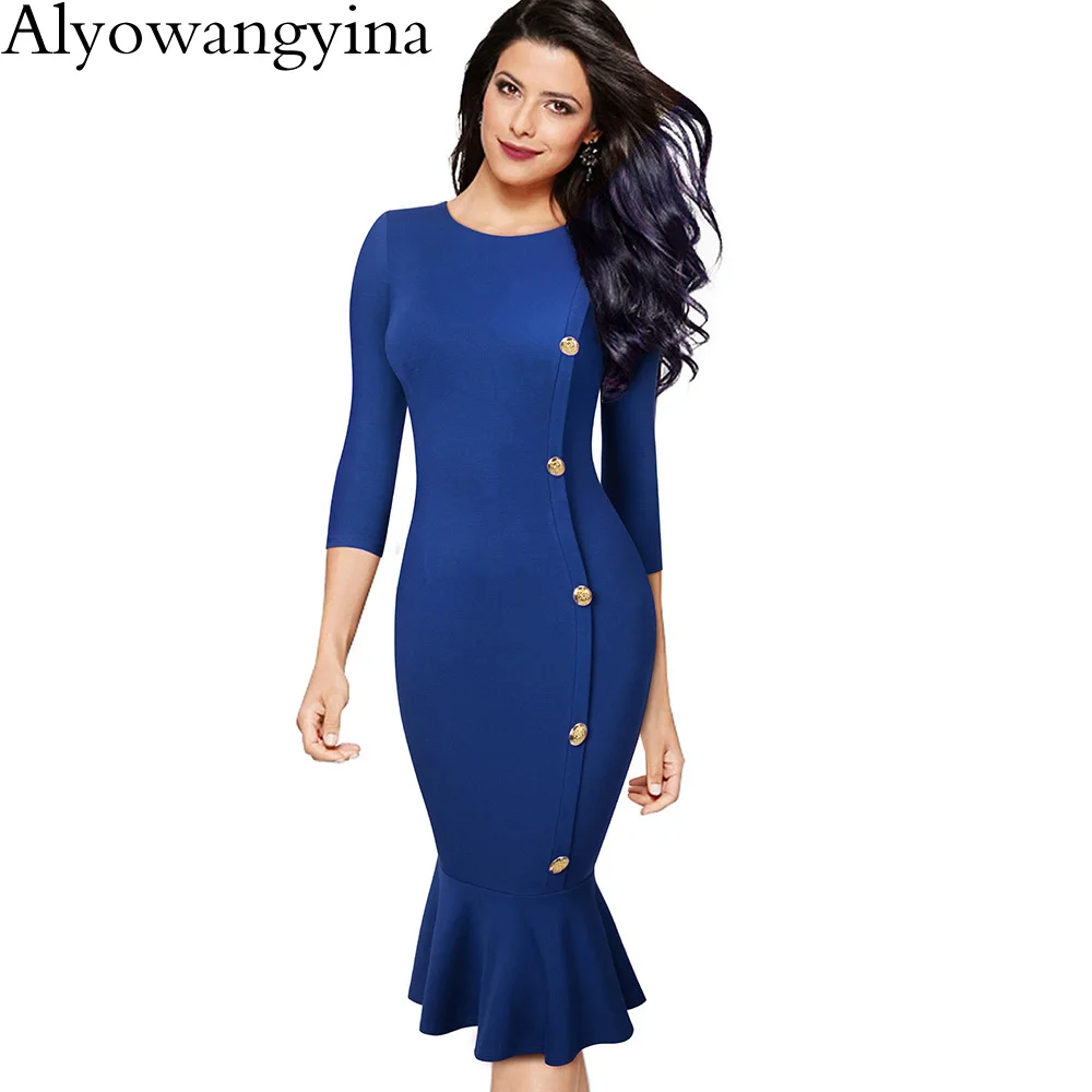 Alyowangyina Dropp Vestidos, деловое, винтажное, однотонное, для работы, Русалка, на пуговицах, узкое, для женщин, вечерние, для офиса, обтягивающее элегантное платье, B492
