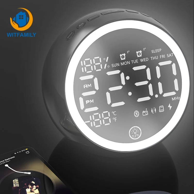 Desktop Alarm Clock Bedside Night Light Bluetooth Speaker Fm Radio Electronic Digital Time Display Snooze USB Cable Despertador